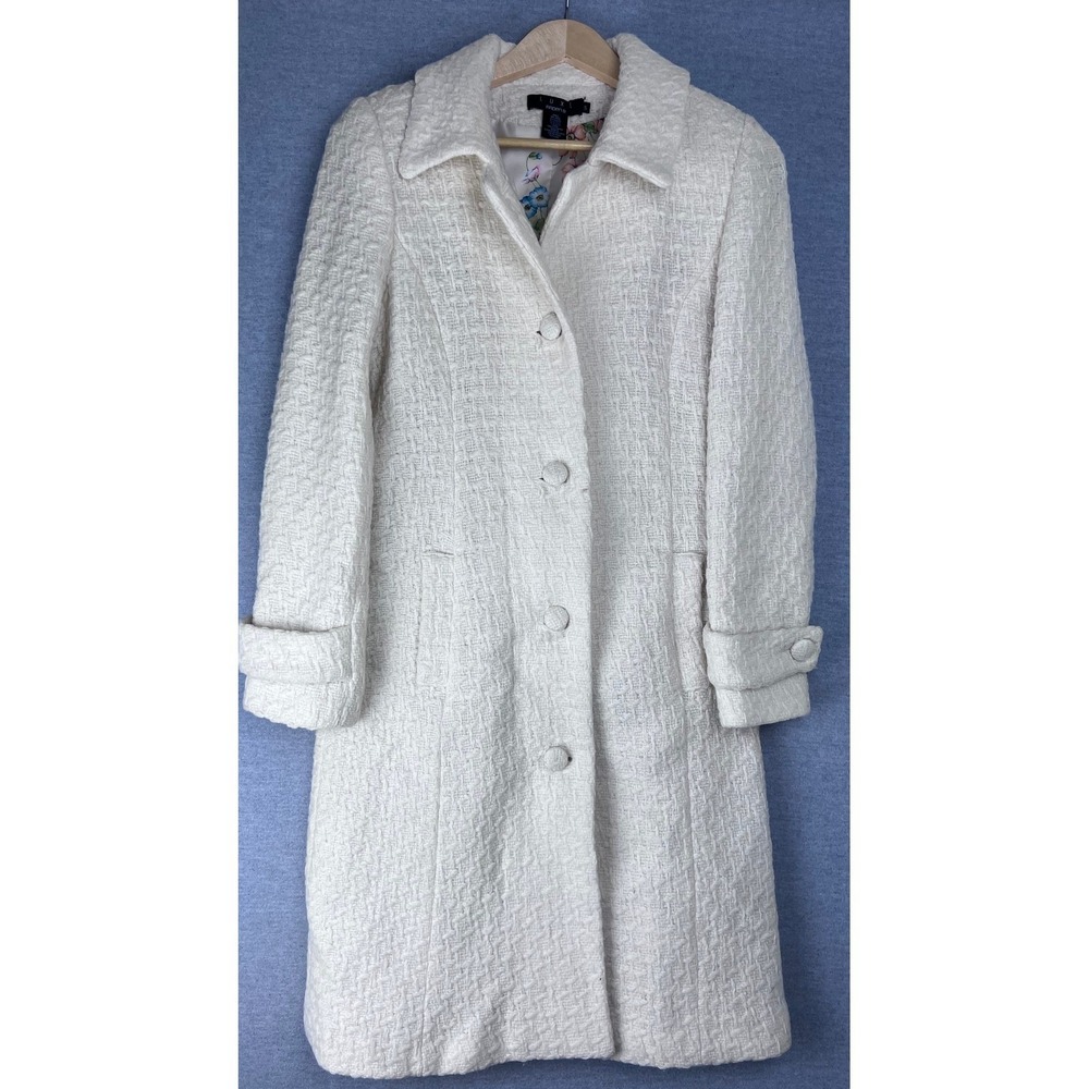 Luxe Arden B Women Cream White Wool‎ Blend Textured Trench Coat Floral Lining S